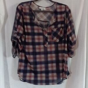 Eden & Olivia Womans Multicolor Plaid Sheer Roll Tab 3/4 Sleeve Top Size LARGE